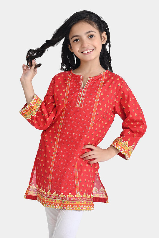 Girls Cotton Poplin Printed Kurti Rose-RED