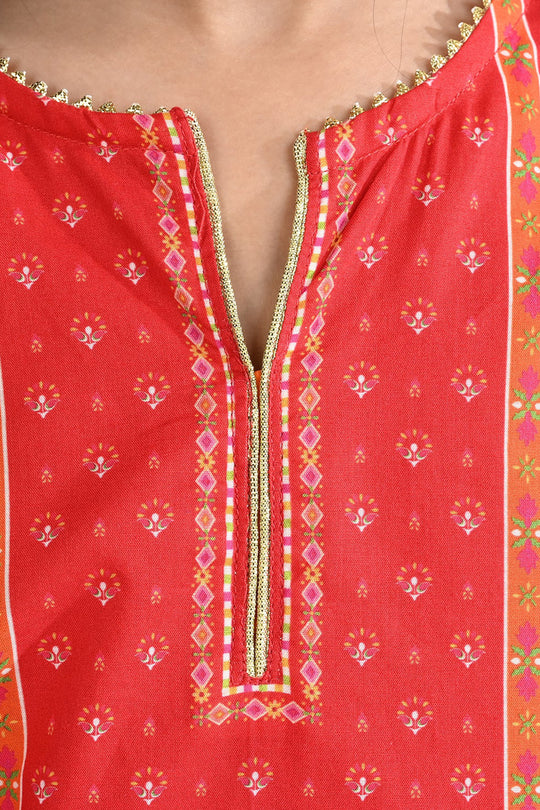 Girls Cotton Poplin Printed Kurti Rose-RED