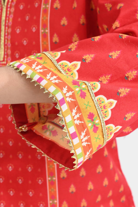 Girls Cotton Poplin Printed Kurti Rose-RED