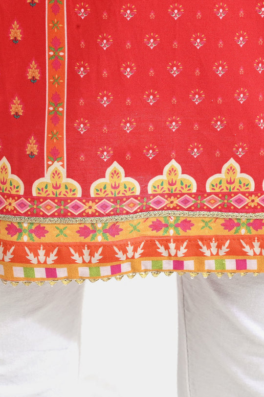 Girls Cotton Poplin Printed Kurti Rose-RED