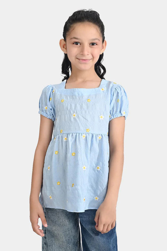 Girls Poly Crinkle Emb Top Bubble Up-Blue