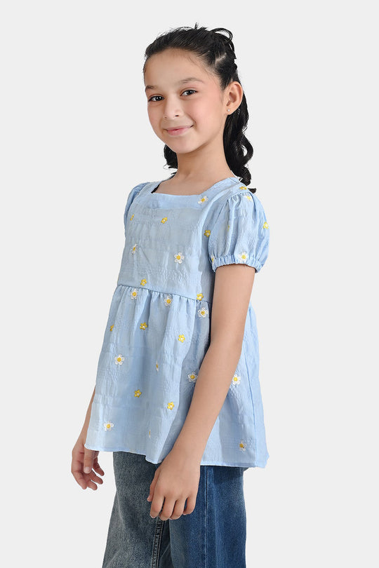 Girls Poly Crinkle Emb Top Bubble Up-Blue