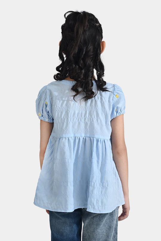 Girls Poly Crinkle Emb Top Bubble Up-Blue