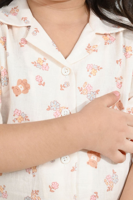 Girls Linen Viscose Nightwear-Teddy Flora-Cream