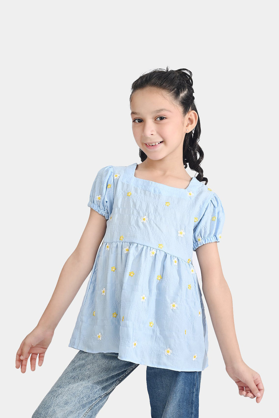 Girls Poly Crinkle Emb Top Bubble Up-Blue