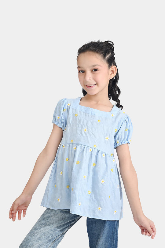 Girls Poly Crinkle Emb Top Bubble Up-Blue