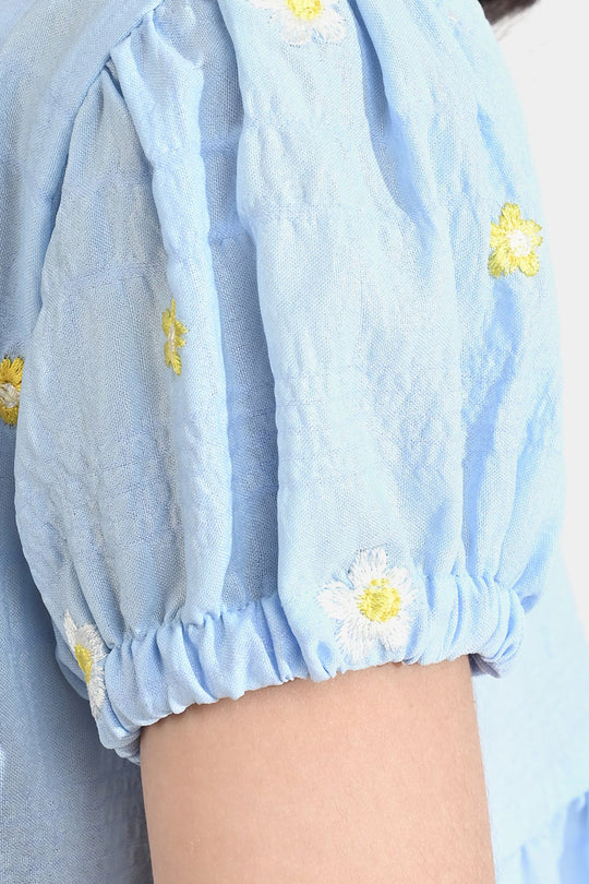 Girls Poly Crinkle Emb Top Bubble Up-Blue