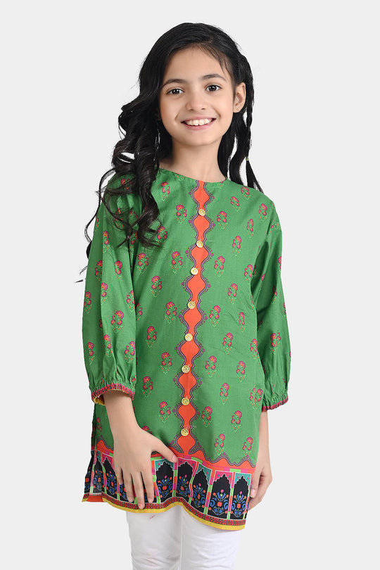 Girls Cotton Poplin Printed Pink Flowers-GREEN