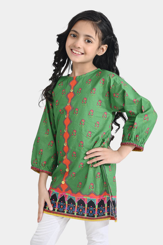 Girls Cotton Poplin Printed Pink Flowers-GREEN