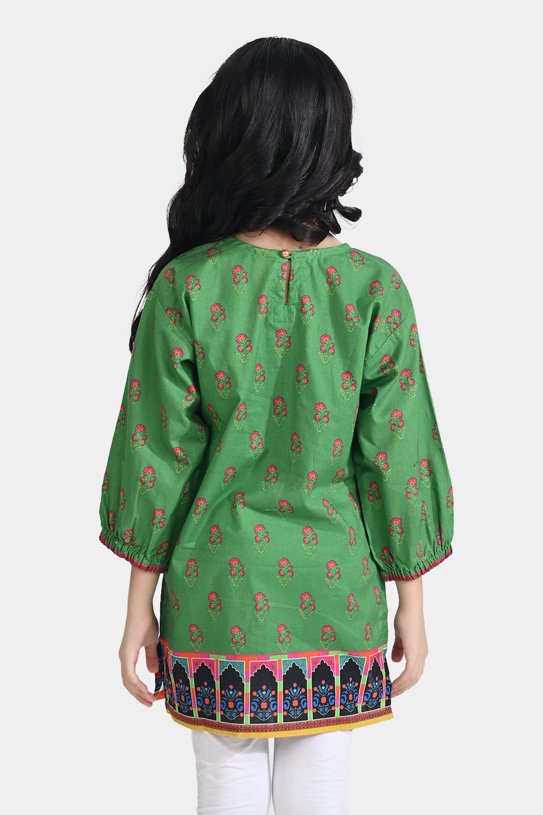 Girls Cotton Poplin Printed Pink Flowers-GREEN