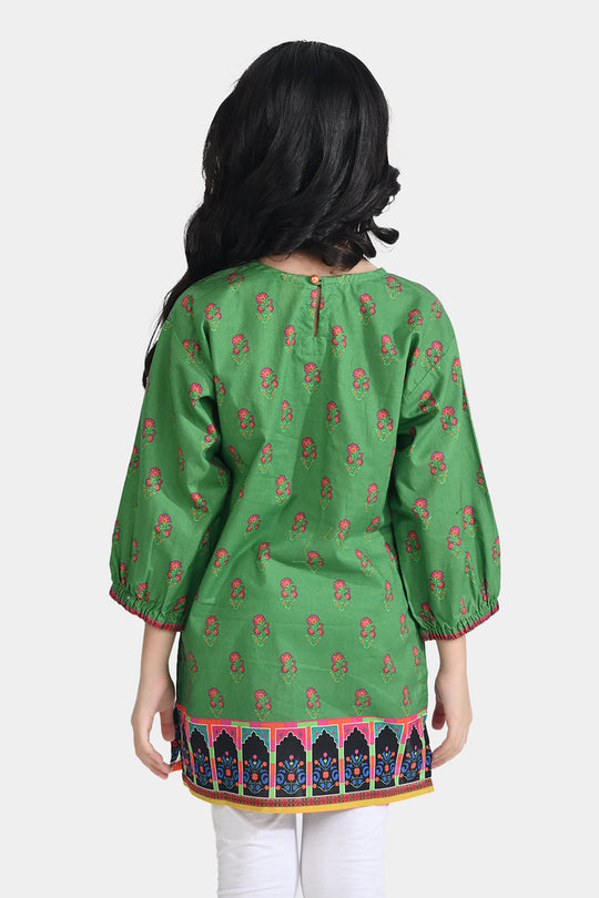 Girls Cotton Poplin Printed Pink Flowers-GREEN