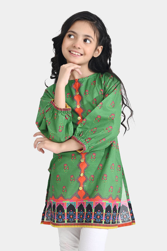 Girls Cotton Poplin Printed Pink Flowers-GREEN