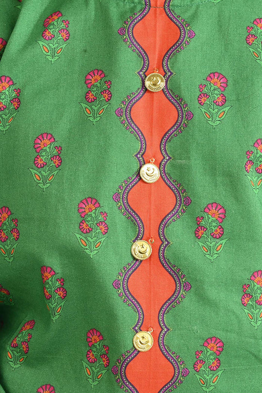Girls Cotton Poplin Printed Pink Flowers-GREEN