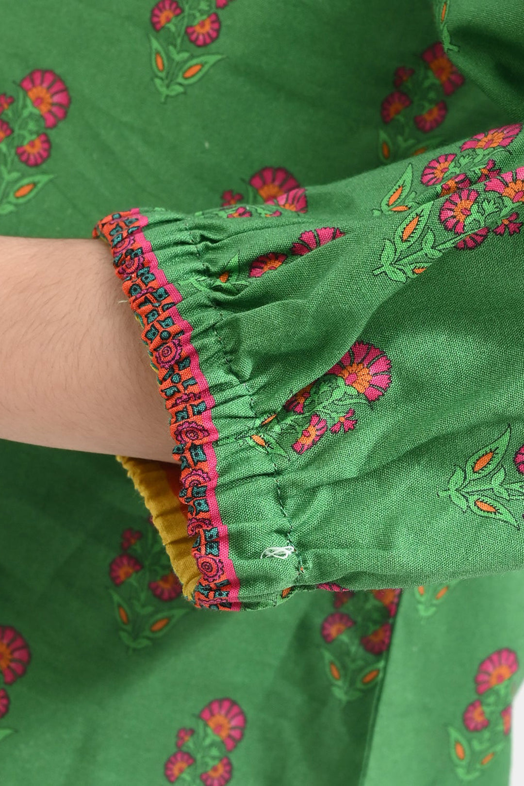 Girls Cotton Poplin Printed Pink Flowers-GREEN