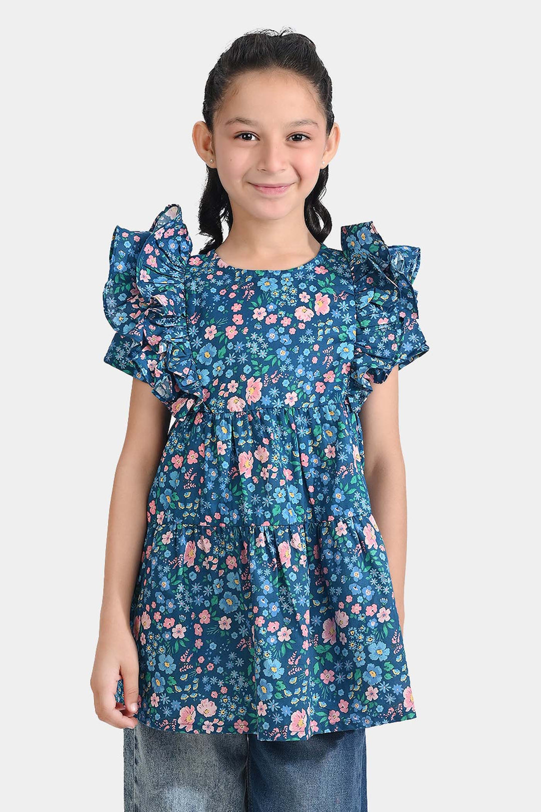 Girls Cotton Poplin Casual Frock Blue Floral-Multi