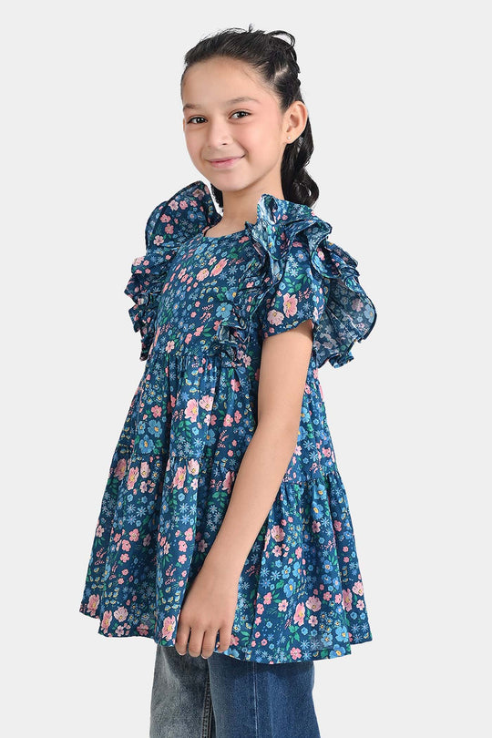 Girls Cotton Poplin Casual Frock Blue Floral-Multi