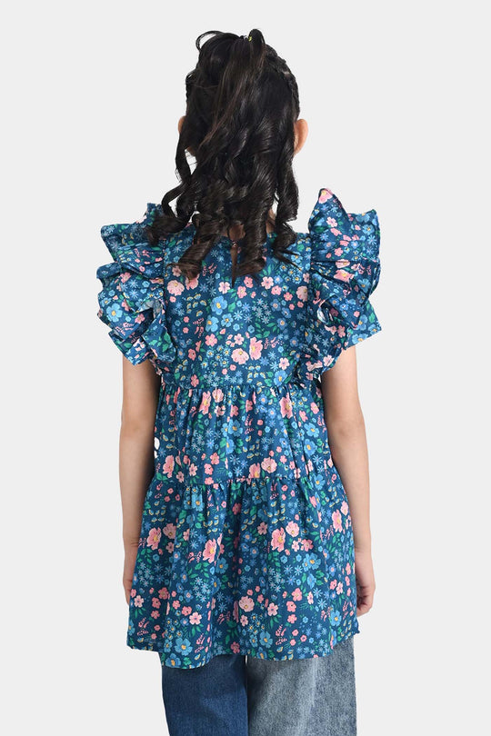 Girls Cotton Poplin Casual Frock Blue Floral-Multi