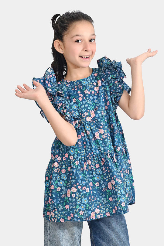 Girls Cotton Poplin Casual Frock Blue Floral-Multi