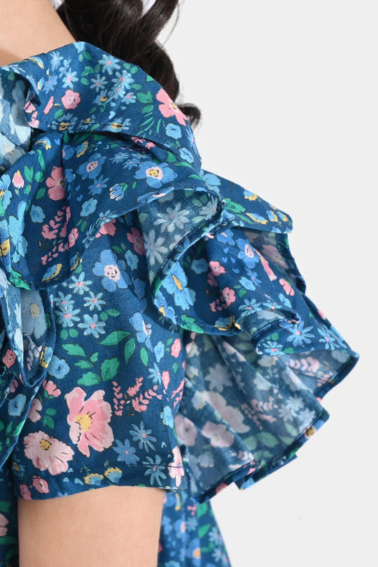 Girls Cotton Poplin Casual Frock Blue Floral-Multi