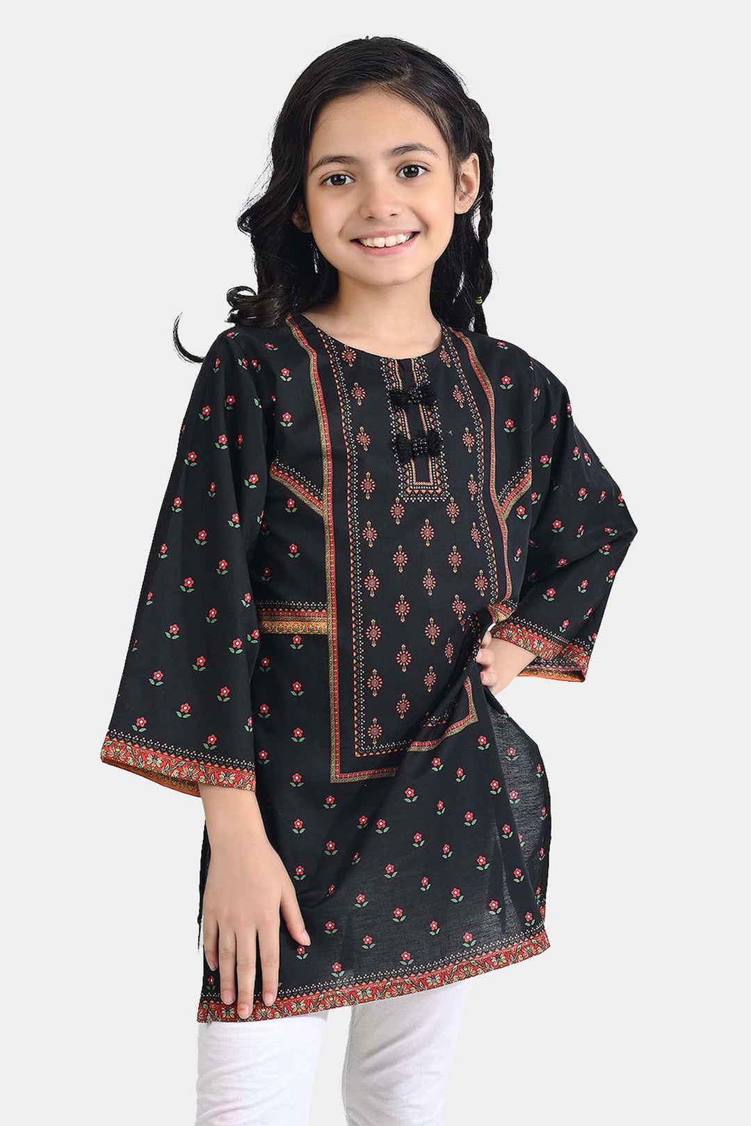 Girls Cotton Poplin Emb Kurti Ethnic-BLACK