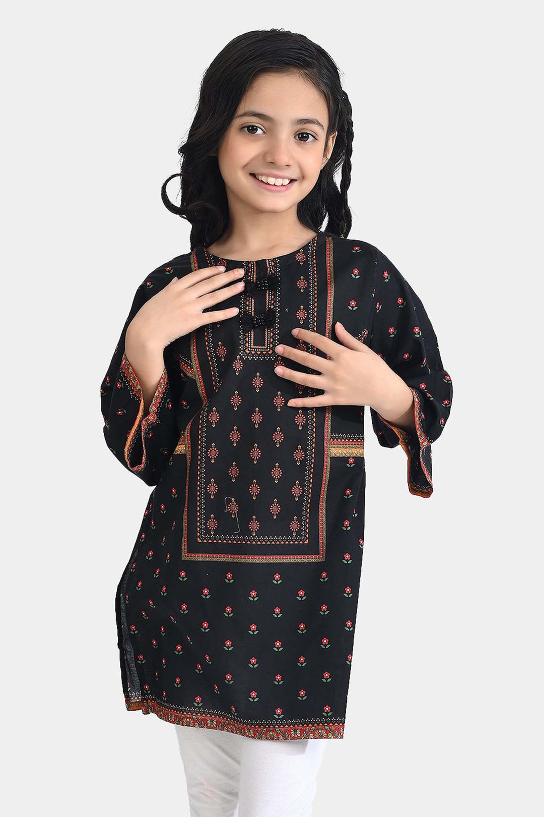 Girls Cotton Poplin Emb Kurti Ethnic-BLACK