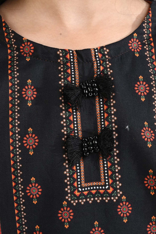 Girls Cotton Poplin Emb Kurti Ethnic-BLACK