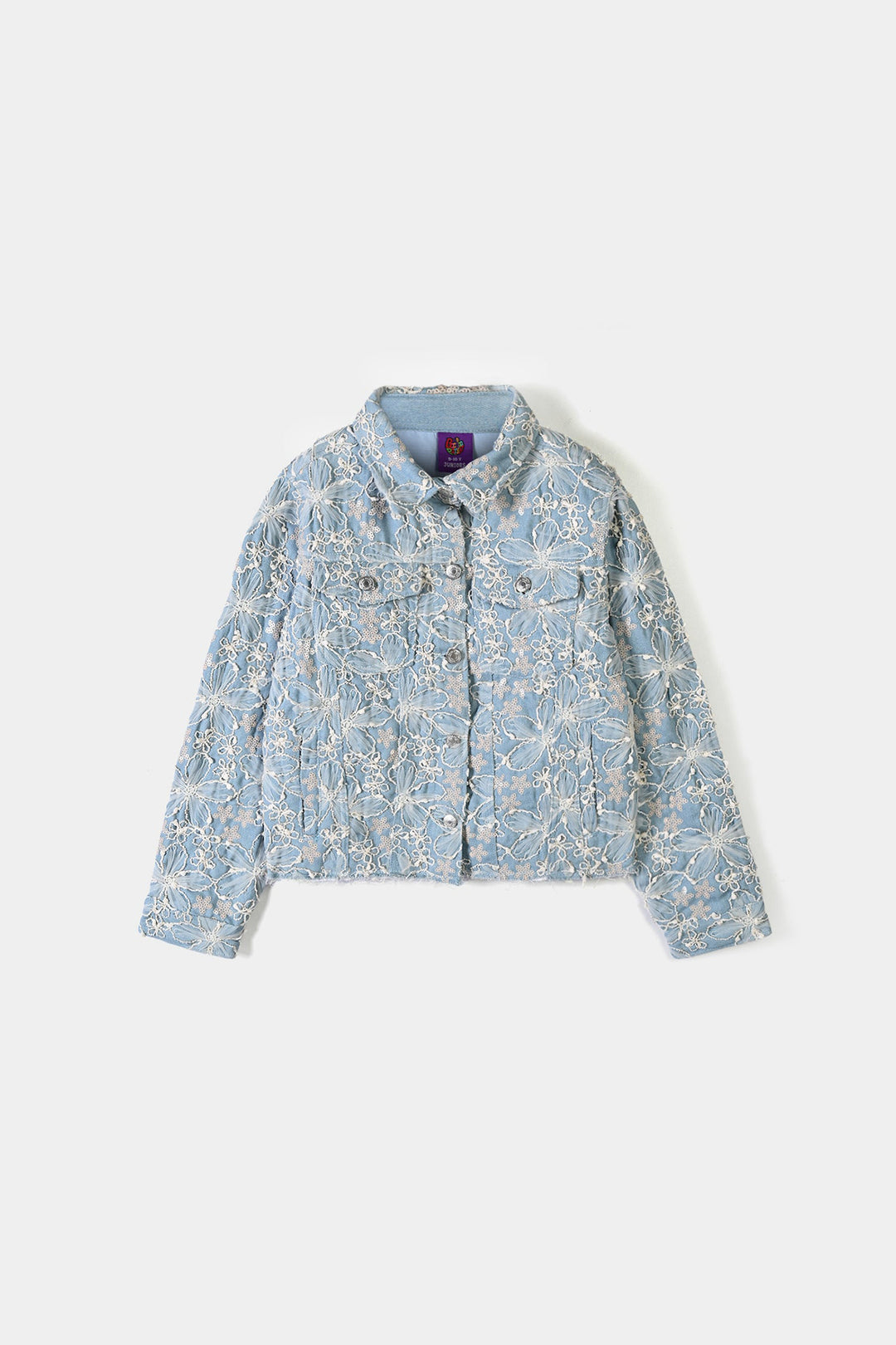 Girls Denim rigid Woven Jacket Raw Hem-BLUE