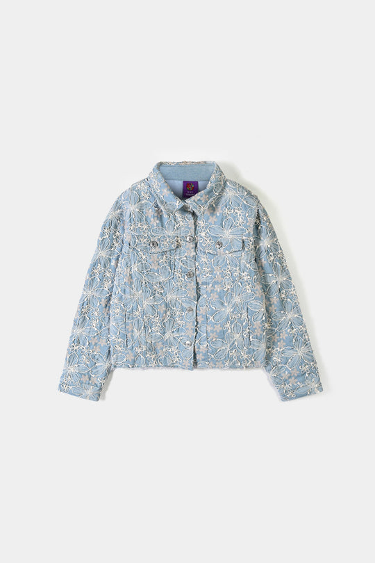 Girls Denim rigid Woven Jacket Raw Hem-BLUE