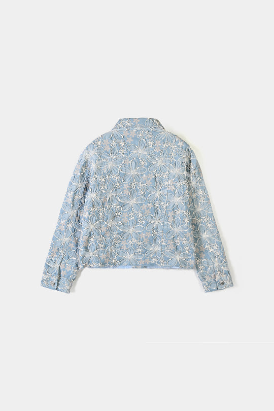 Girls Denim rigid Woven Jacket Raw Hem-BLUE