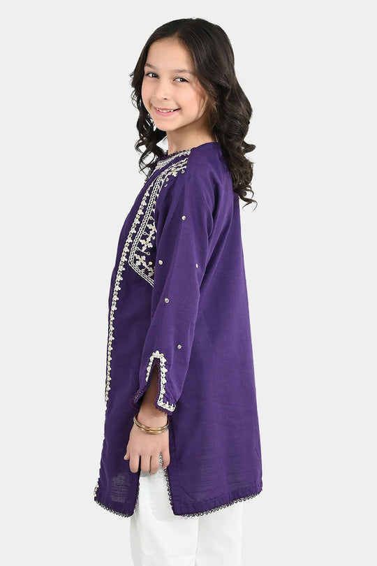Girls Cotton Slub Embroidered Kurti (Sajal) - Purple