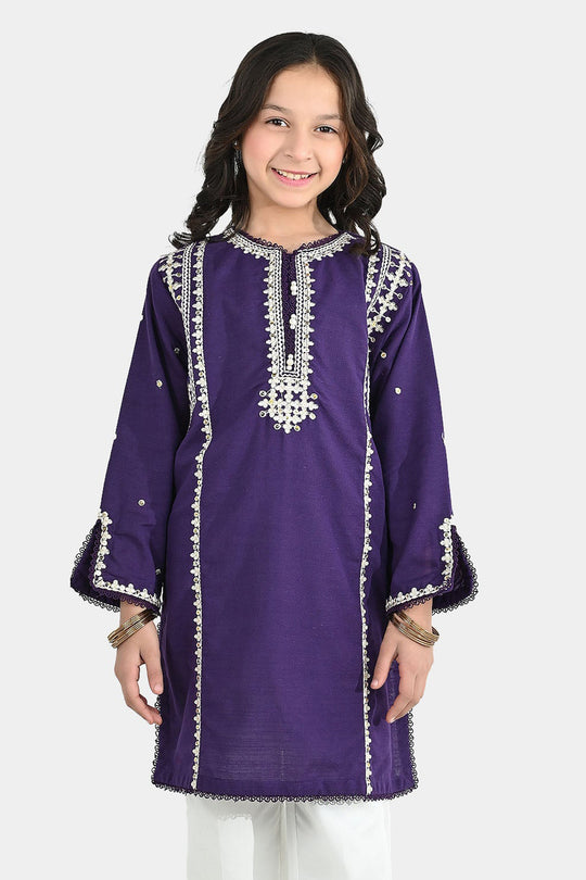 Girls Cotton Slub Embroidered Kurti (Sajal) - Purple