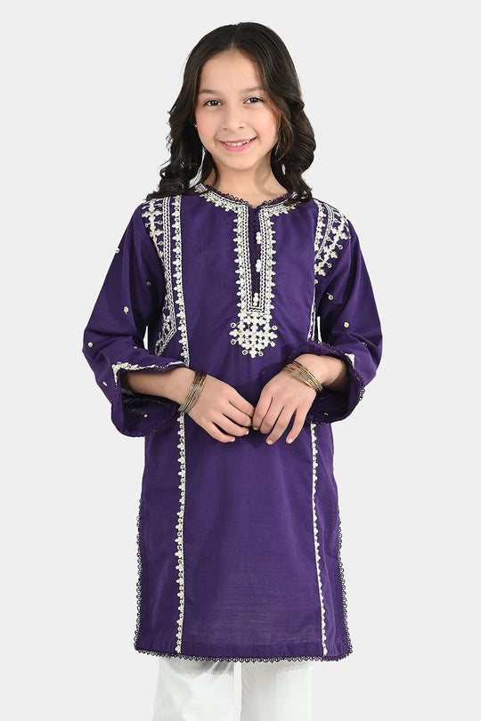 Girls Cotton Slub Embroidered Kurti (Sajal) - Purple
