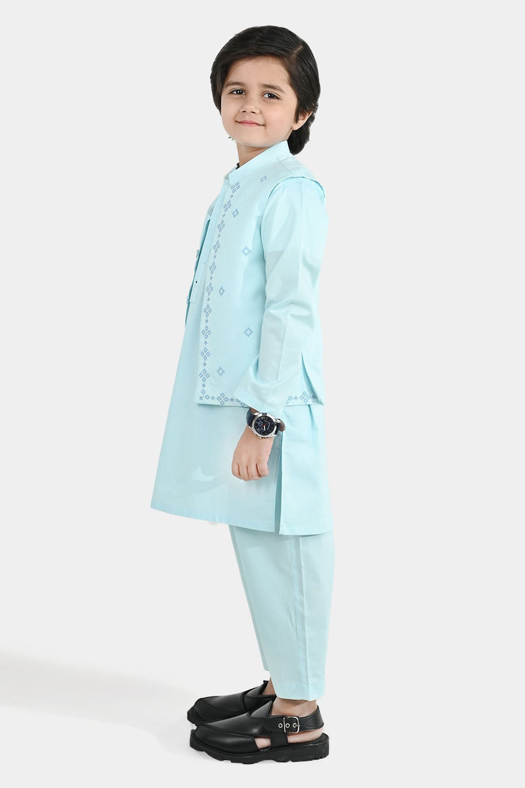 Boys Cotton Poplin 3Piece Suit (Cross Stitch) - Light Blue