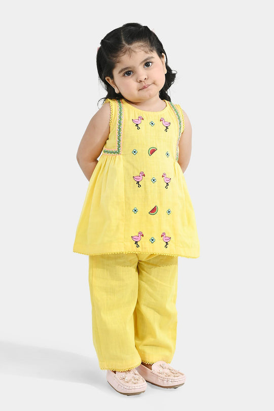 Infant Girls Cotton Slub Embroidered 2-Piece Set - Lemon Yellow