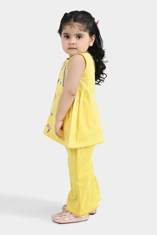 Infant Girls Cotton Slub Embroidered 2-Piece Set - Lemon Yellow
