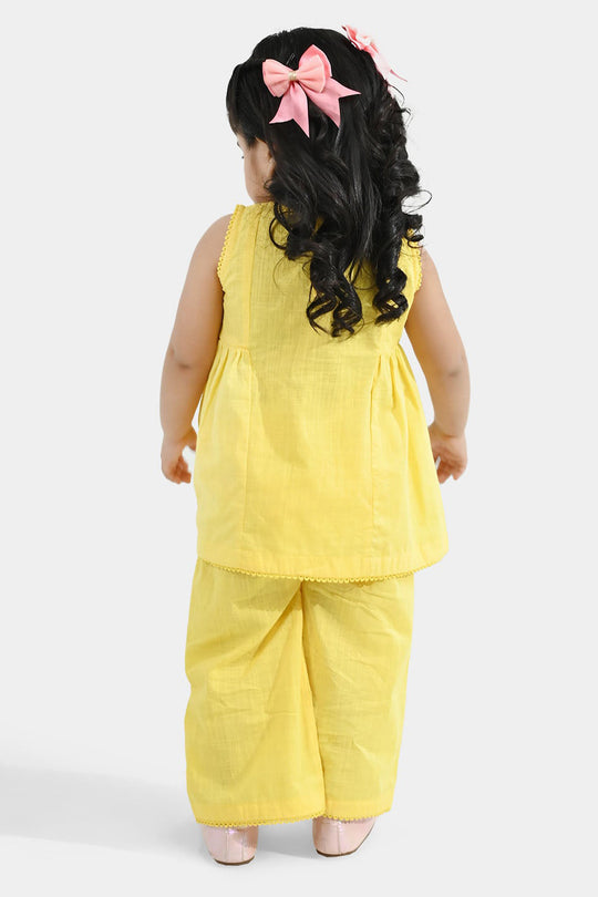 Infant Girls Cotton Slub Embroidered 2-Piece Set - Lemon Yellow