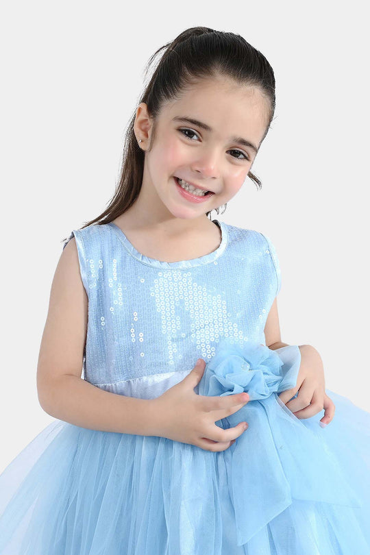 Girls Sequence Fancy Frock-Snow Flakes-Light.Blue
