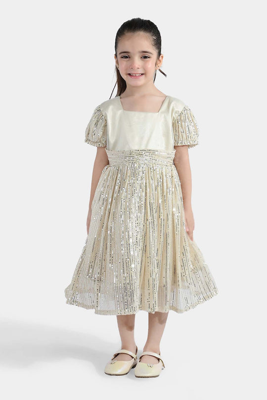 Girls Sequence Fancy Frock- Party Girl-BEIGE