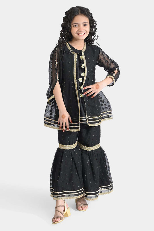 Girls Jacquard 3 Pcs Suit Manzil-BLACK