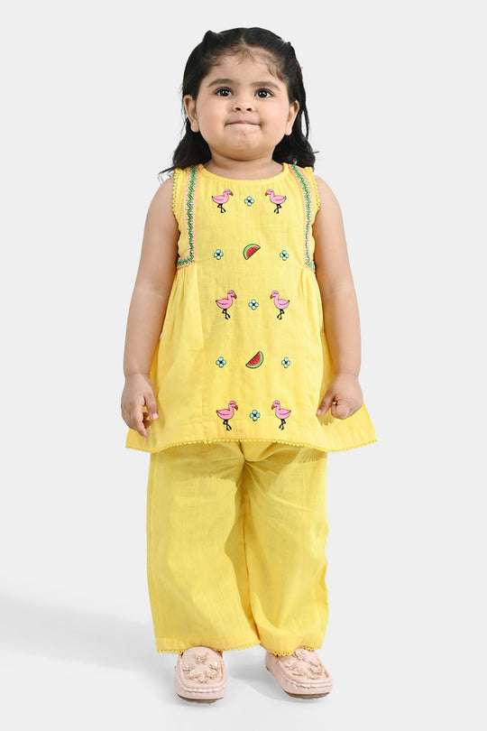 Infant Girls Cotton Slub Embroidered 2-Piece Set - Lemon Yellow