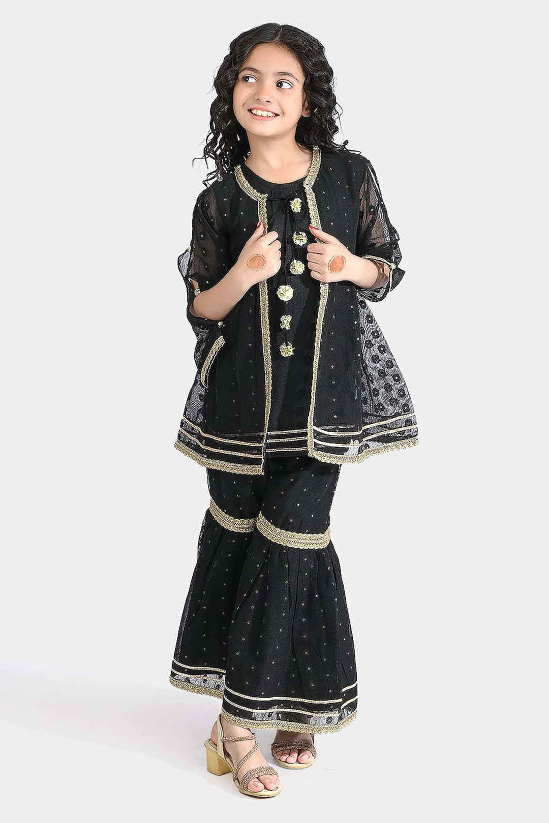 Girls Jacquard 3 Pcs Suit Manzil-BLACK