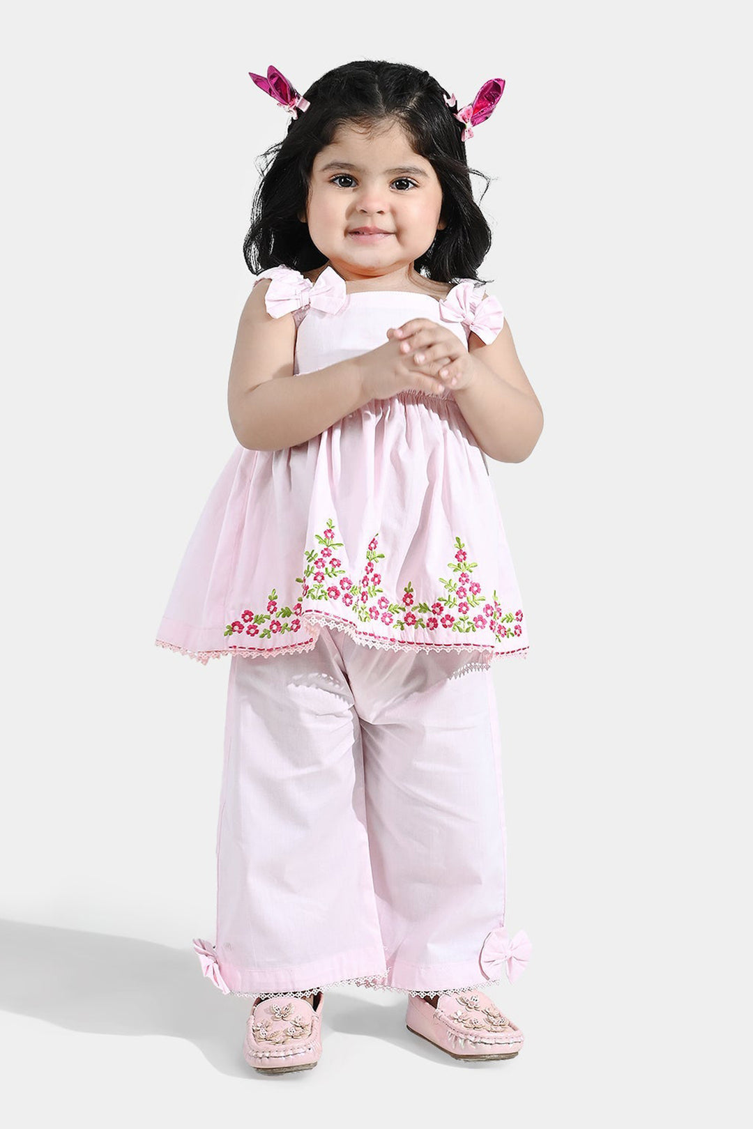 Infant Girls Cotton  Embroidered 2Pcs (Mehka Gul) - Baby Pink