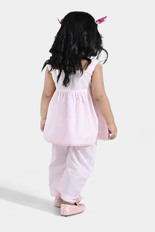 Infant Girls Cotton  Embroidered 2Pcs (Mehka Gul) - Baby Pink