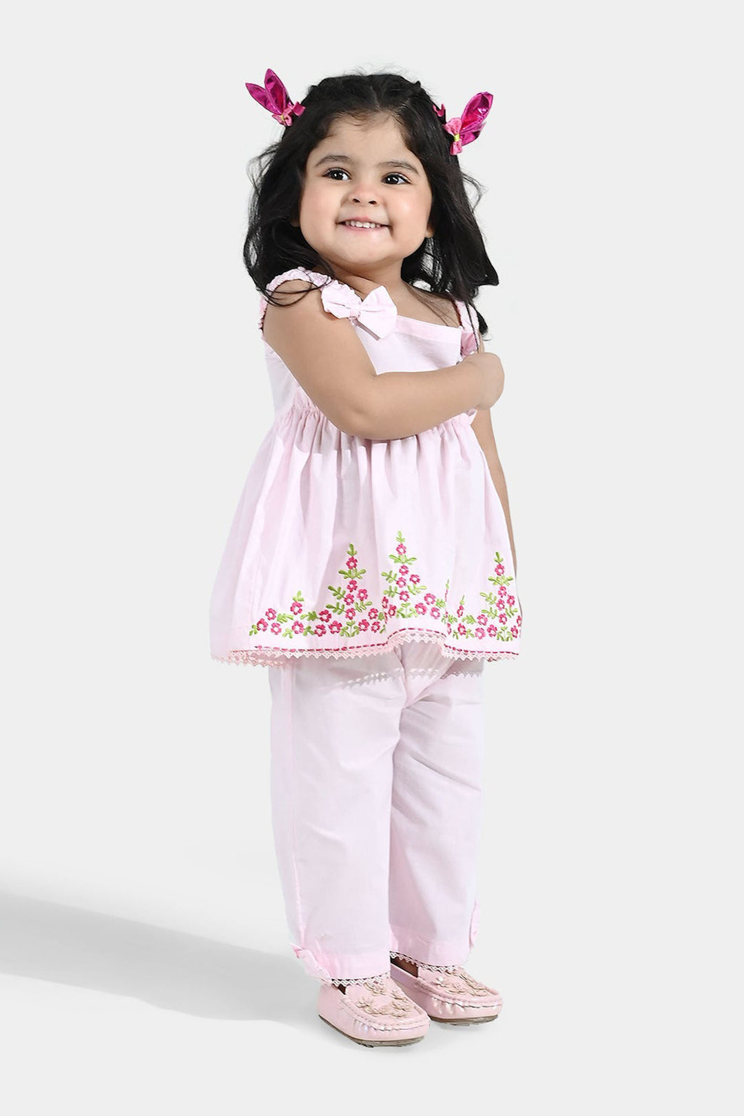 Infant Girls Cotton  Embroidered 2Pcs (Mehka Gul) - Baby Pink