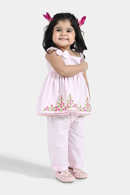 Infant Girls Cotton  Embroidered 2Pcs (Mehka Gul) - Baby Pink