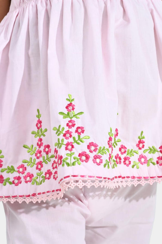 Infant Girls Cotton  Embroidered 2Pcs (Mehka Gul) - Baby Pink