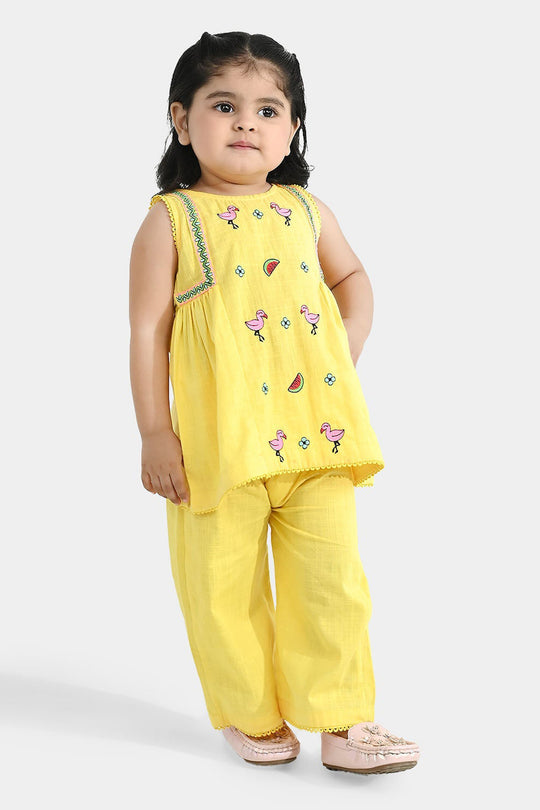 Infant Girls Cotton Slub Embroidered 2-Piece Set - Lemon Yellow