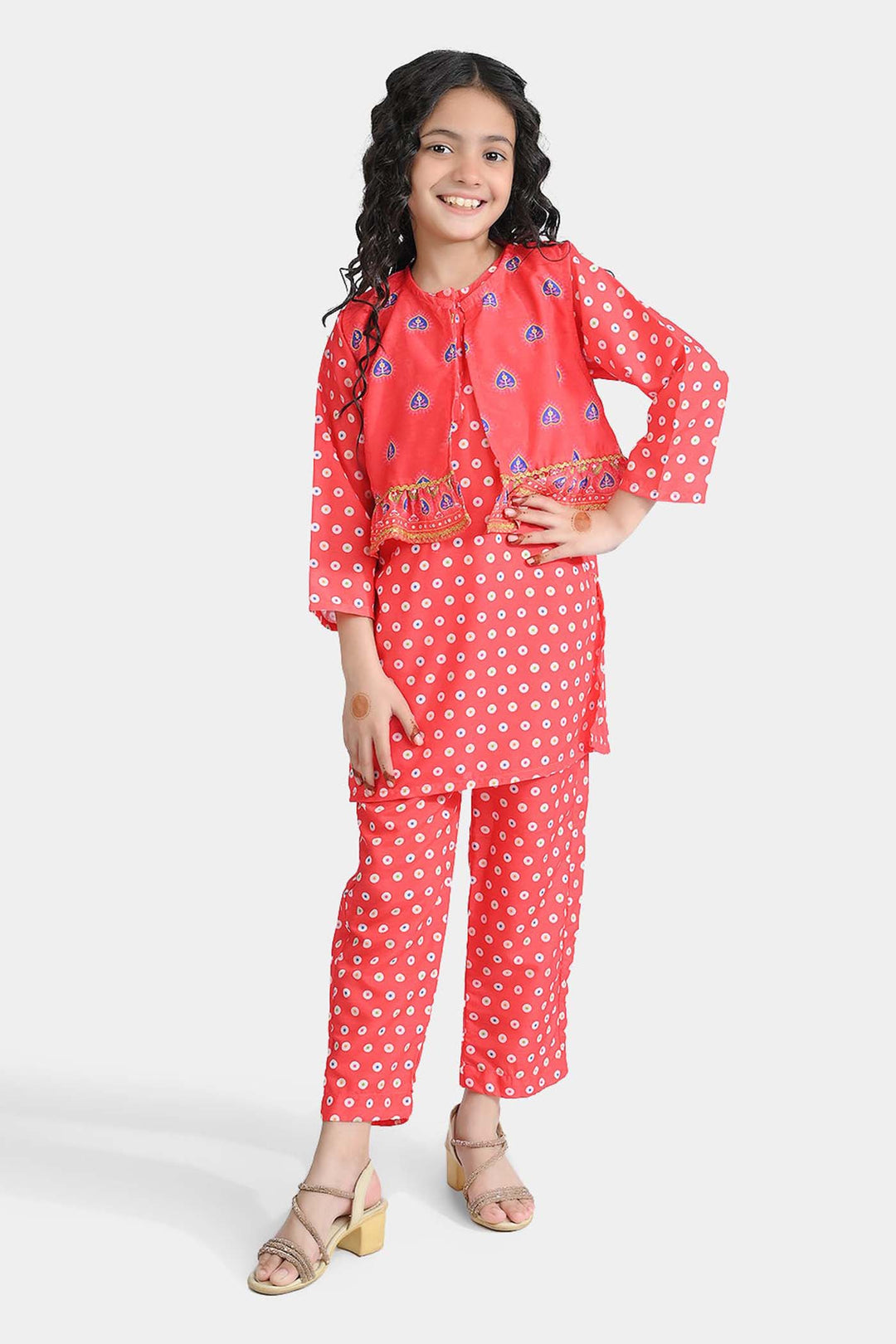 Girls poly cambric Printed 3Pcs Chamak Dhamak-Red