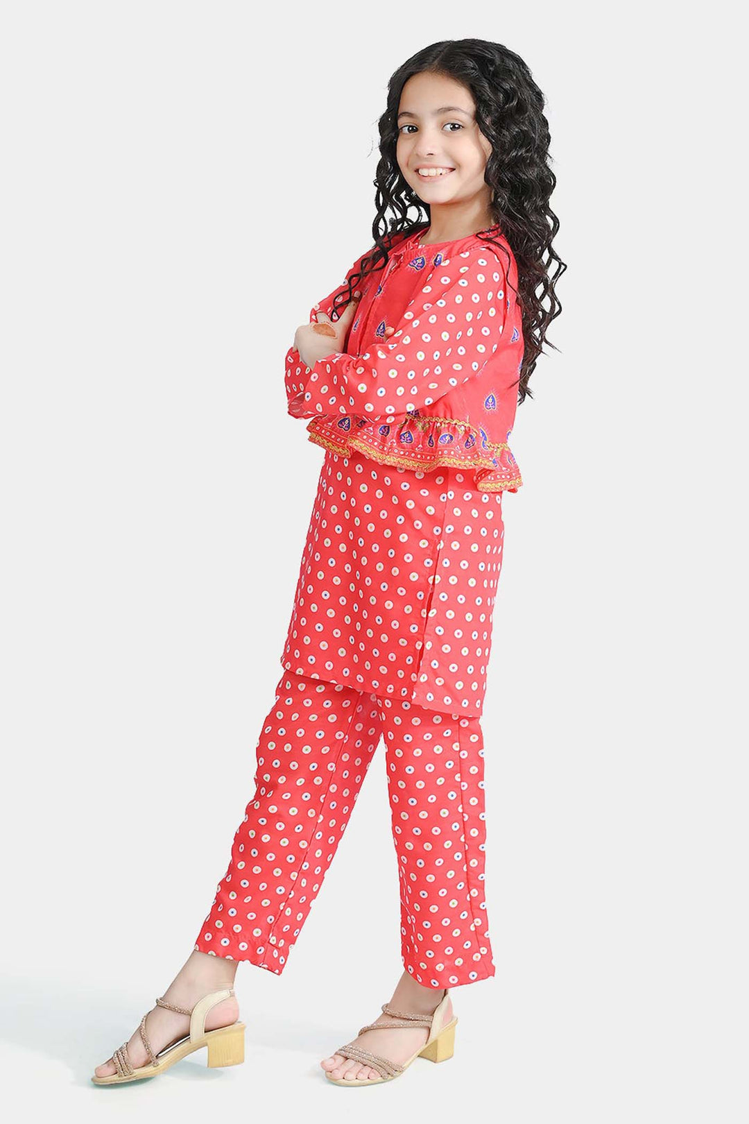 Girls poly cambric Printed 3Pcs Chamak Dhamak-Red