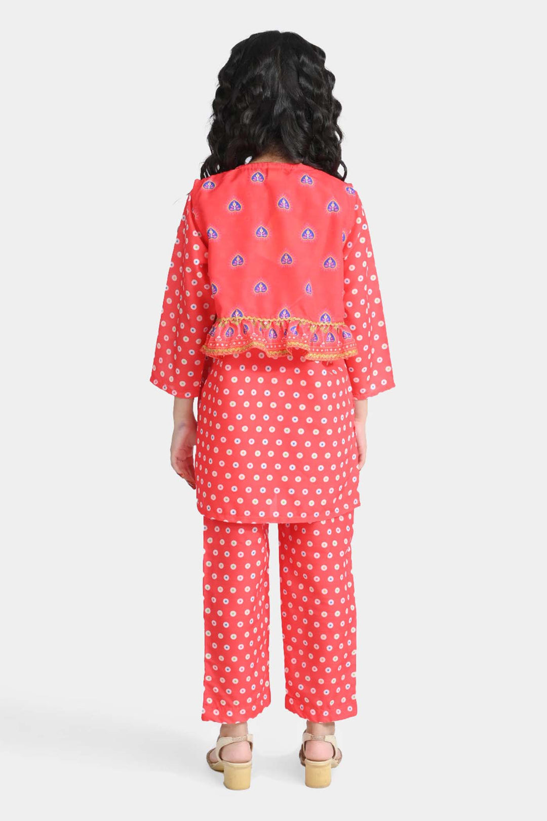 Girls poly cambric Printed 3Pcs Chamak Dhamak-Red